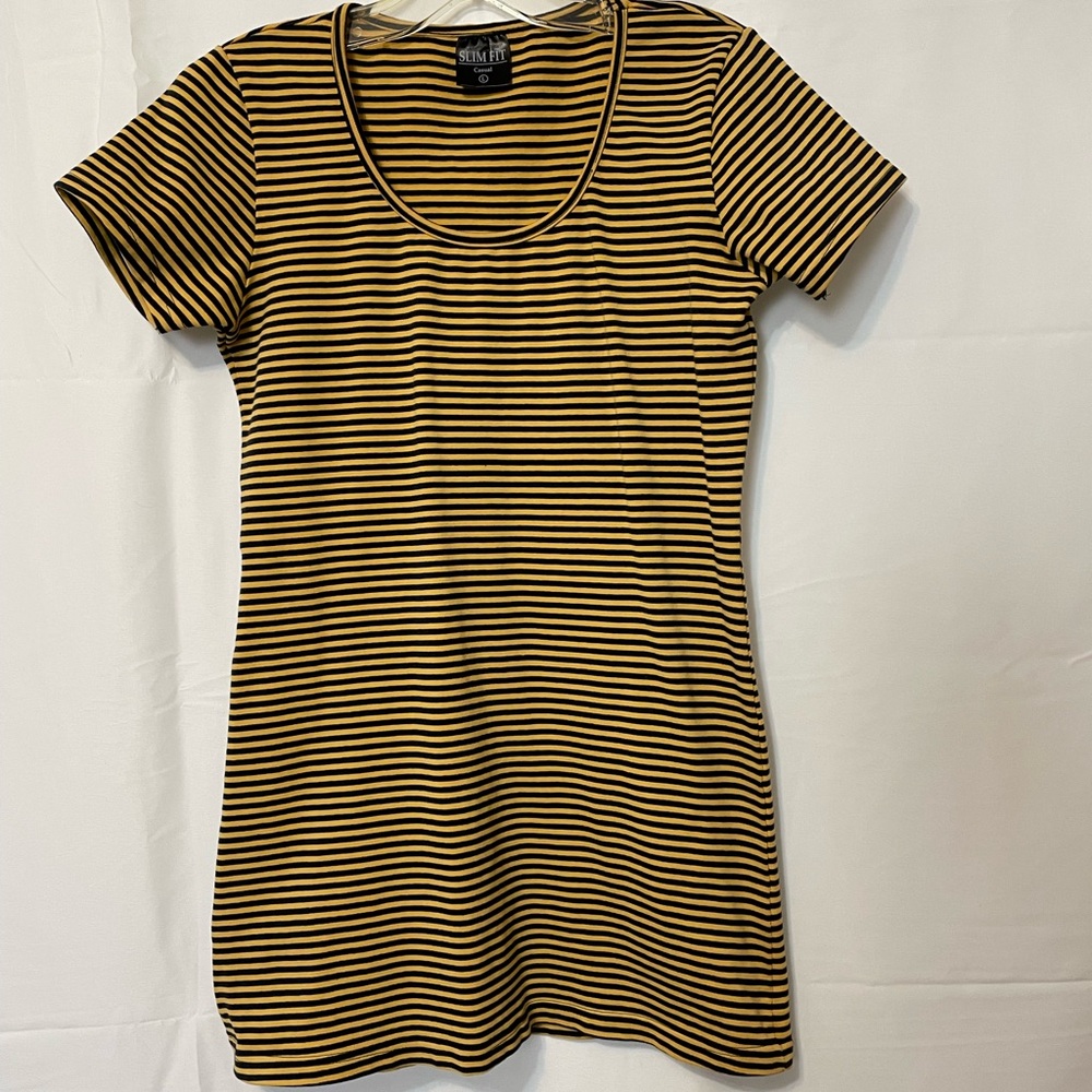 Slim Fit Striped Short Sleeve T Shirt Dress Yellow and Black Women’s Large